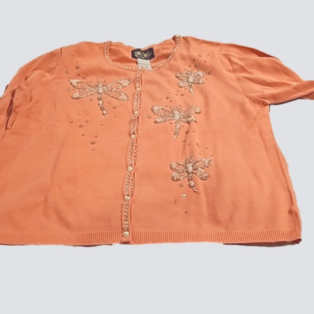 Bob Mackie wearable art coral colored sweater beaded dragonfly detail  xl